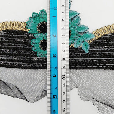 Black Net Scallop Cutwork Lace Trim with Blue Floral Embroidery With Sequins, Sari Border, Embroidered Trim